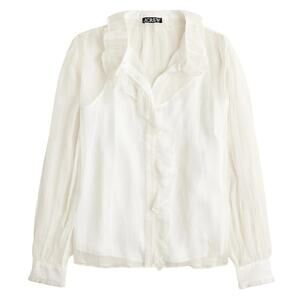 J.Crew Ruffle Button-Up Shirt WMNS Sz 12 White Crinkle Chiffon Sheer Long Sleeve